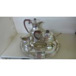 A silver plated tea service consisting tea pot, coffee pot, milk,