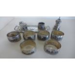 A Persian Niello Cruet Set and 6 Napkin Rings - total weight approximately 8 troy oz - generally