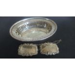 A Silver Bon Bon Dish - London 1931/32 - Richard Comyns - 15 cm wide and two Decanter Labels -