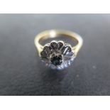 A 18ct yellow gold diamond and sapphire cluster petal ring size J - approx weight 3 grams -