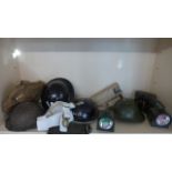 Assorted Militaria to include 4 x WW2 Steel Helmets, Binoculars in webbing case,