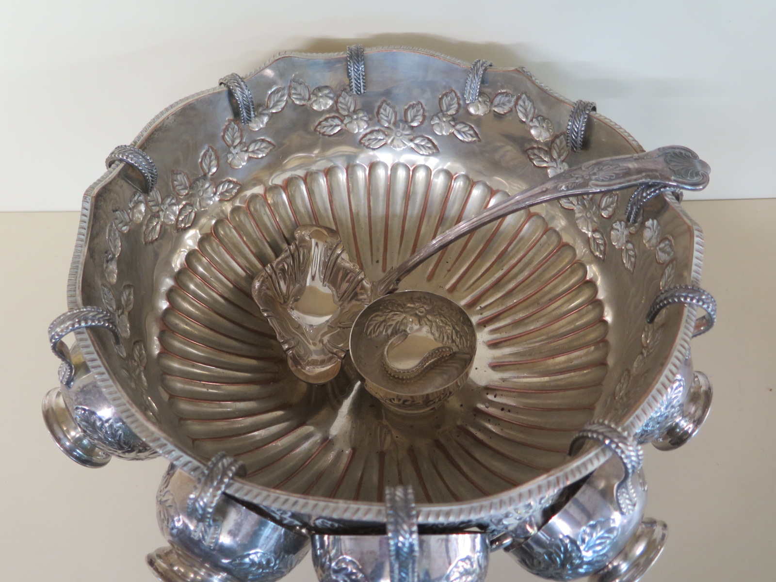 A silver plated punch bowl with a ladle and twelve cups - Height 20cm x Diameter 32cm - some plate - Image 2 of 2