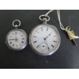 A Sterling silver cased pocket watch, open faced with Roman numerals to white enamel dial,