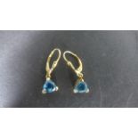 A pair of 9ct Gold Blue Topaz Earrings - 3cm long, approximately 2.