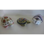 Three Royal Crown Derby Paperweights - two in the form of Tortoises and one in the form of a