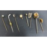 Seven Tie Pins, including a Golf Club and Hunt Pins, and a part Pin