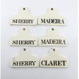 A collection of six ceramic bin labels, some by Spode, arched rectangular form, titled in black '