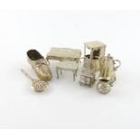 A mixed lot of miniature silver items, comprising: a sedan chair, with import marks for London 1902,