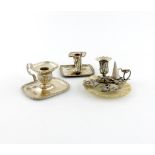 A small collection of three miniature chamber sticks, comprising; a Victorian silver example, London