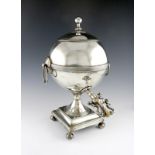 λ A George III old Sheffield plated tea urn, circa 1790, globular form, drop ring handles, reeded