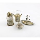 A mixed lot of silver items, various dates and makers, comprising: three scent bottles in a circular