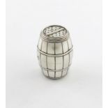 An Edwardian novelty silver pepper pot, by James Jay, Chester 1904, barrel form, pierced screw-off