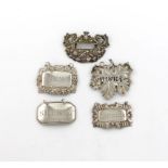 A collection of five antique silver wine labels, comprising a provincial label, by Thomas Watson,