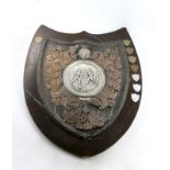 A late Victorian regimental Football Challenge Shield, unmarked, applied with the badges of the 99th