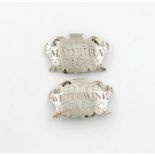 A pair of mid-18th century silver wine labels, maker's mark IS script crowned, probably for John