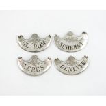 A set of four Continental silver wine labels, unmarked, possibly Danish, shaped crescent form,
