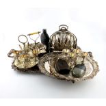 A mixed lot of electroplated items, comprising: a biscuit box, of shell form, embossed decoration,