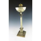 A late-Victorian electroplated oil lamp, Corinthian column form, with a circular oil holder,