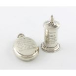 A late-Victorian presentation silver hip flask and pepper pot, by George Unite and W. Spurrier,