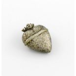 A continental silver-gilt box, unmarked, probably 18th century, heart form, scroll decoration, the
