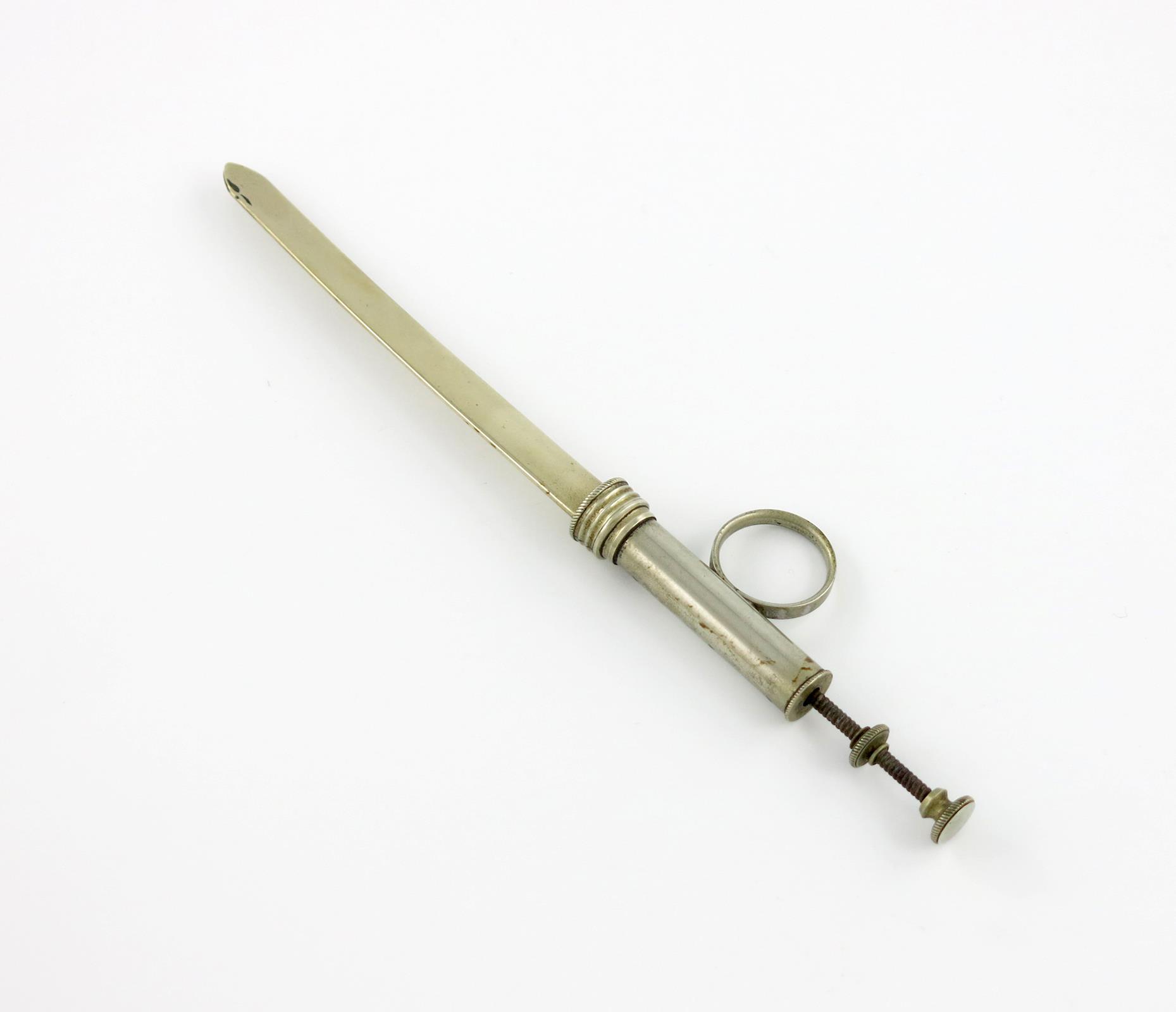 A 19th century concealed tonsillectomy lancet, unmarked, cylindrical form, ring handle, with a