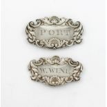 Two similar George IV Scottish silver wine labels, maker's mark of James H, Edinburgh 1824, shaped