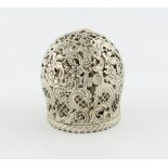 An American silver string box, by Gorham, circular domed form, pierced foliate scroll decoration,