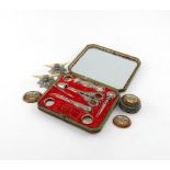 λ A mixed lot of items, comprising: a silver sewing set, in a fitted lacquered case with a gentleman