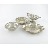 A mixed lot of silver dishes, comprising: a circular dish, London 1898, a pierced oval dish on a