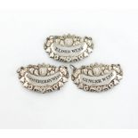 A set of three early 19th century old Sheffield plated wine labels, unmarked, shaped oval form,