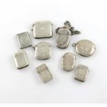 A small collection of nine silver vesta cases, various dates and makers, comprising: a vesta box,
