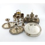 A mixed lot of old Sheffield plated items, comprising: an inkstand of rounded rectangular form,