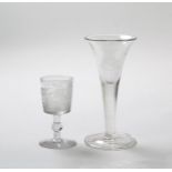 Two commemorative engraved wine glasses 19th century, one with a drawn trumpet bowl engraved with