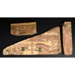 Three Egyptian painted wood fragments Late Period, circa 664 - 332BC including a piece with a pair