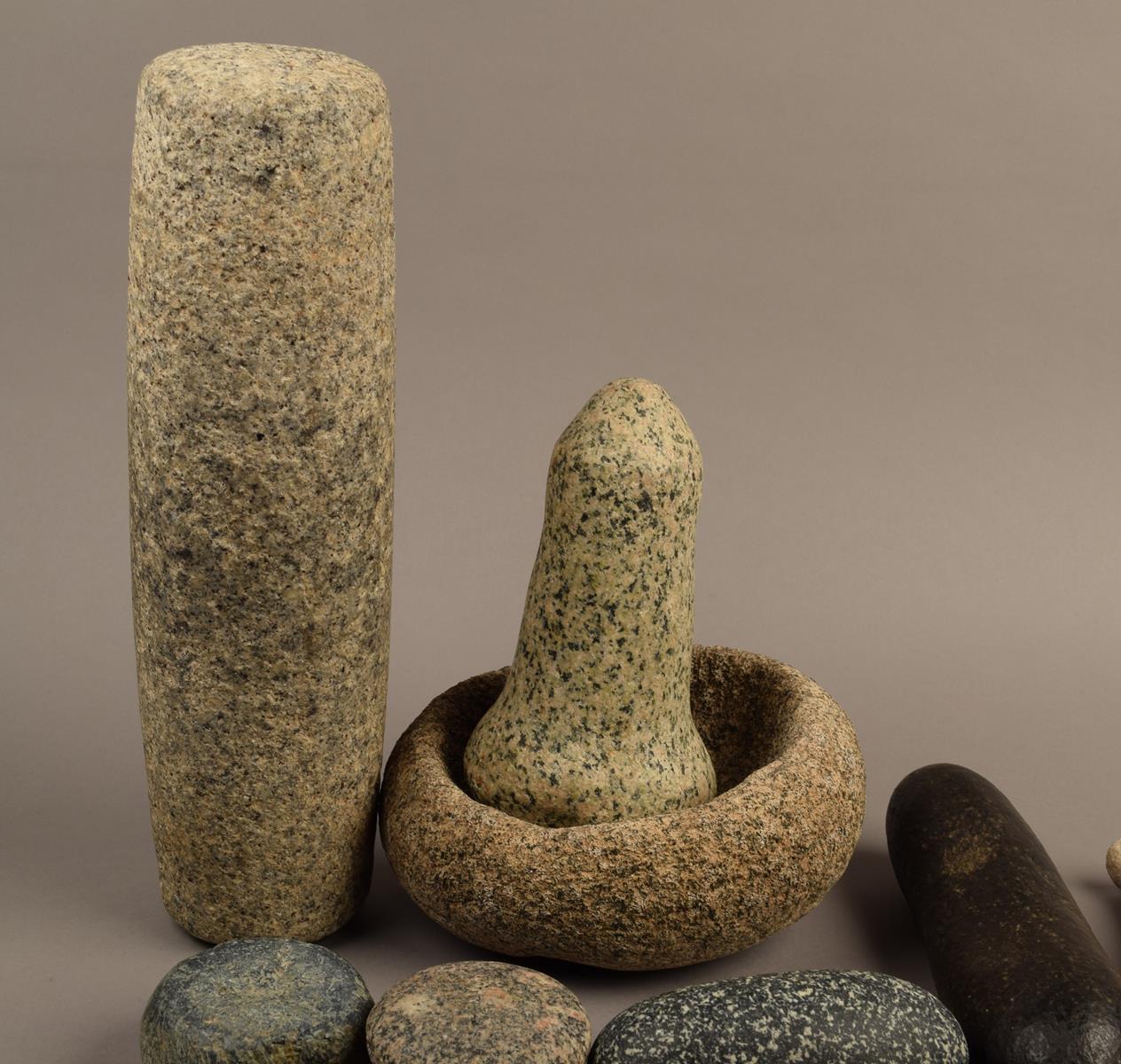 A collection of stone beads, implements and weights including an ovoid mortar and associated pestle, - Image 5 of 6