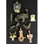 Six Roman bronze artefacts circa 2nd - 3rd century AD including a bird, a bull, a bulls head, an