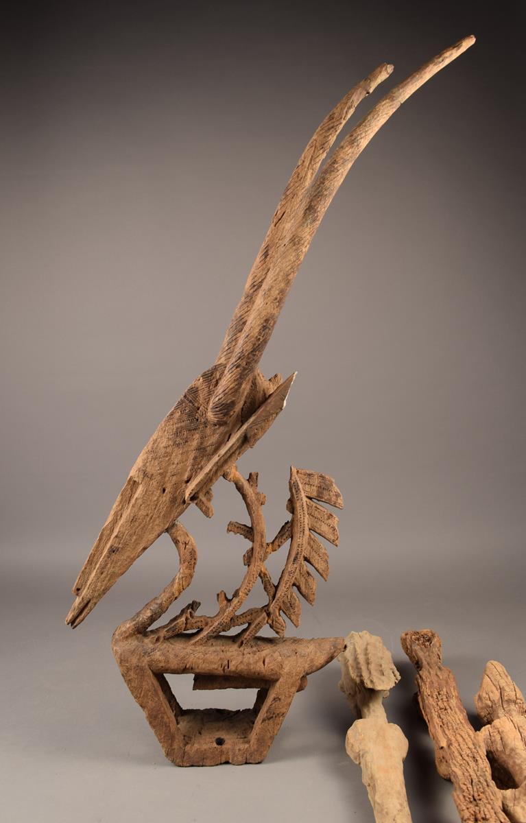 A Bambara chi wara antelope headdress Mali wood, with termite losses, 87cm high, and three other - Image 4 of 6