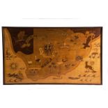 A large marquetry map of South Africa various woods, with a banner title REPUBLIEK VAN SUID -