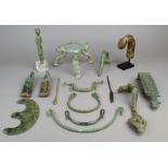 Fifteen bronze artefacts Roman and later including a tripod with griffen heads, a handle with a swan