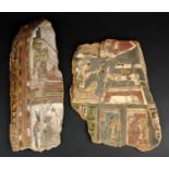 Two Egyptian painted cartonnage fragments Ptolemaic Period, circa 332 - 30BC depicting a seated