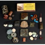 A group of amulets, seals and weights including three Egyptian hardstone hoop earrings or hair