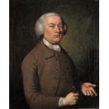 English School 18th Century Portrait of a gentleman, half length, wearing brown Oil on canvas,