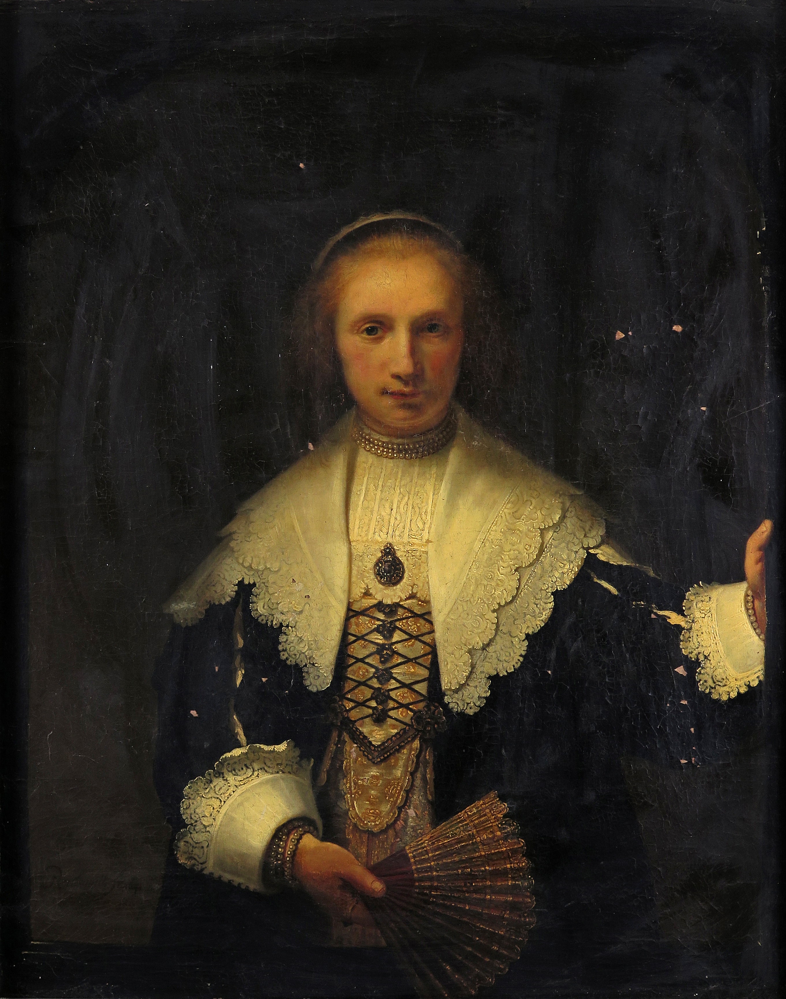 After Rembrandt Harmensz van Rijn Young lady with a fan by a window Oil on canvas 106 x 84cm; 42 x