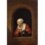 After Gerrit Dou The Cook Oil on canvas 38.5 x 28cm; 15 x 11in General condition report Relined, a