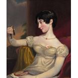 George Henry Harlow (1787-1819) Portrait of a lady holding a portrait miniature Oil on canvas 77 x
