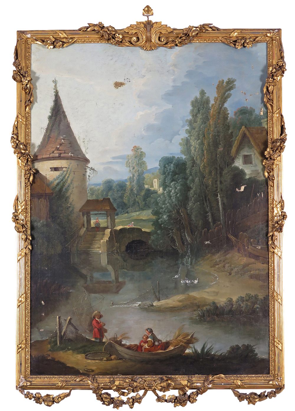 Circle of Jean-Baptiste Leprince A family fishing by a tower in a landscape Oil on canvas 130 x