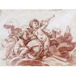 French School 18th Century Two putti with a globe and telescopes Inscribed L~Astronomie Red chalk 18