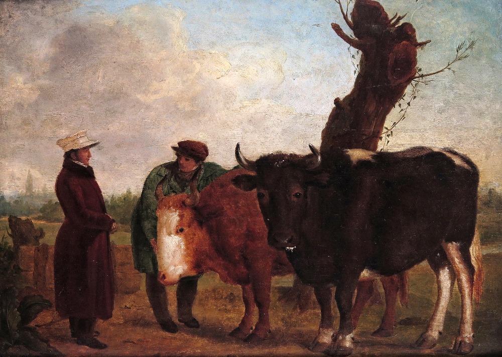 French School c.1800 Prize bulls with their owner and farmer in a landscape Oil on panel 46 x