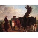 French School c.1800 Prize bulls with their owner and farmer in a landscape Oil on panel 46 x