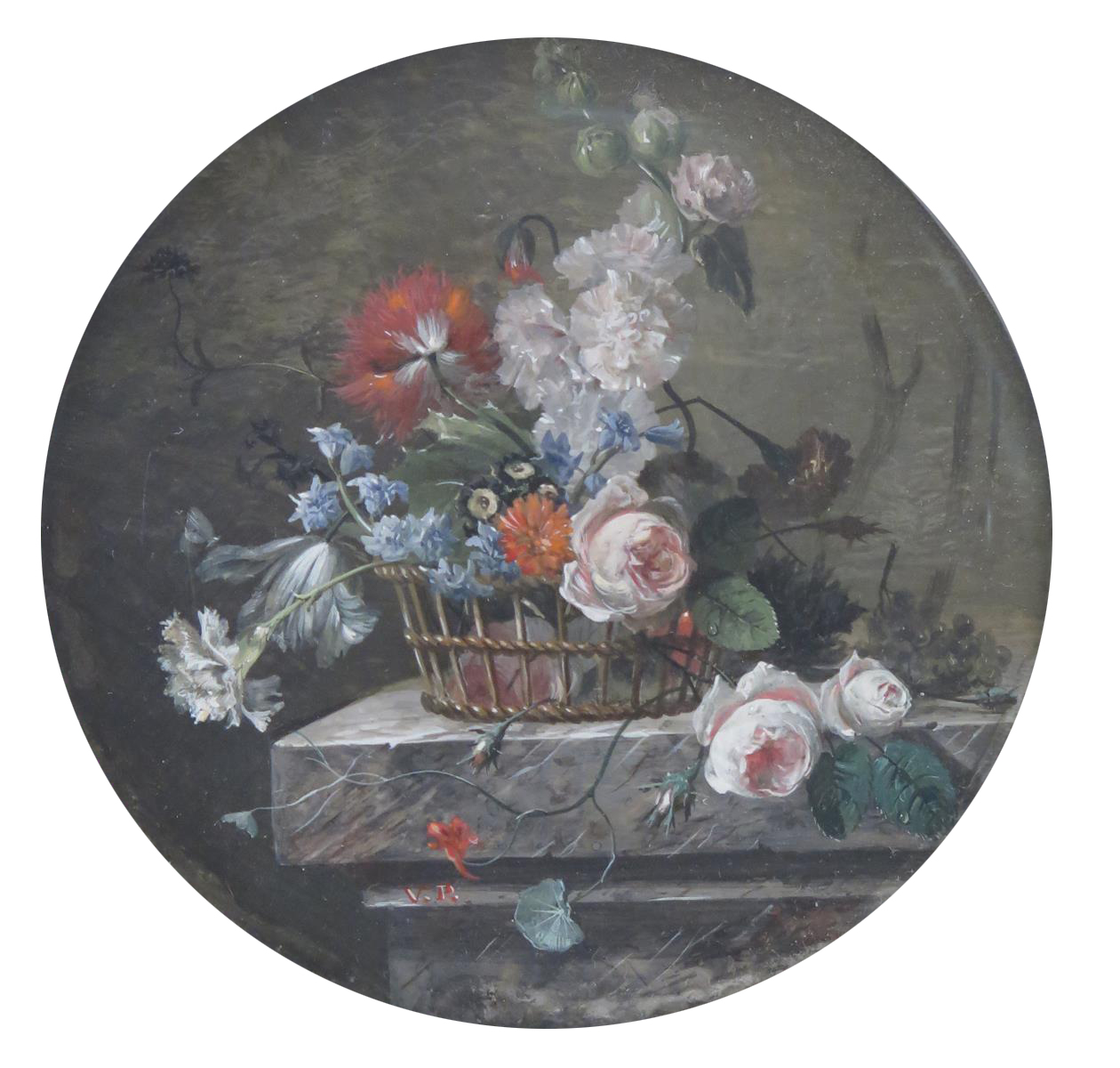 λ Christiaen van Pol (Dutch 1752-1813) Miniature still life of flowers in a basket on a ledge